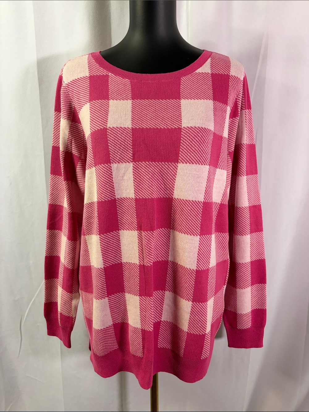 Belle by Kim Gravel Pink Plaid Long Sleeve Crewneck Sweater